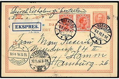 10 øre Fr. VIII helsagsbrevkort opfrankeret med 10 øre Chr. X i parstykke sendt ekspres fra Roskilde d. 9.11.1916 til Hamburg, Tyskland.