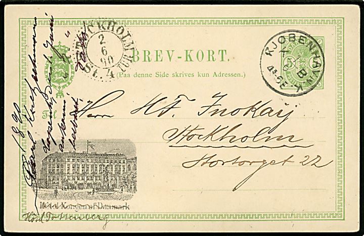 5 øre Våben små hj.tal helsagsbrevkort med tiltryk Hôtel Kongen af Danmark fra Kjøbenhavn KB d. 1.6.1890 til Stockholm, Sverige.