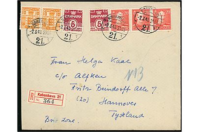 5 øre Bølgelinie (2), 20 øre Chr. X (3) og 10 øre Gebyr (par) på anbefalet brev fra København 21 (= Hovedbanegården) d. 2.3.1948 til Hannover, Tyskland.