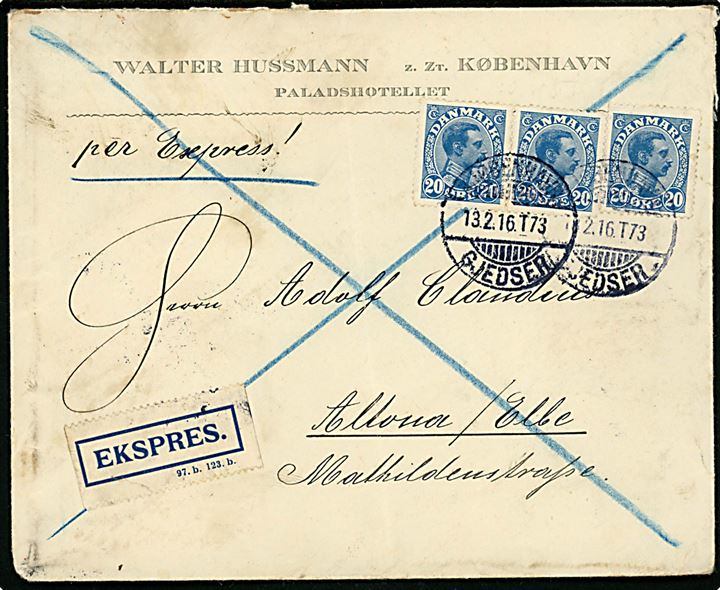20 øre Chr. X (3) på ekspresbrev fra Kjøbenhavn annulleret med bureaustempel Kjøbenhavn - Gjedser T.73 til Altona, Tyskland. Fold.