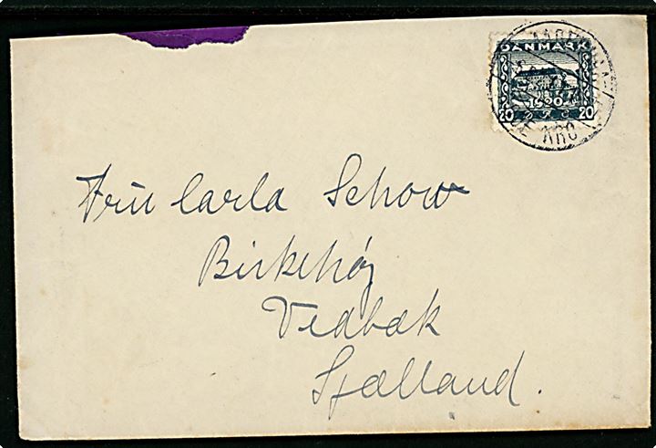 20 øre Genforening på brev annulleret med bureaustempel Aabenraa - Røde Kro T.1734 (?) d. 6.8.1921 til Vedbæk.