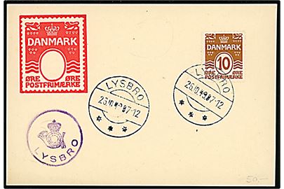 10 øre Bølgelinie på uadresseret filatelistisk brevkort annulleret med brotype IIc Lysbro d. 26.10.1949 og sidestemplet med violet posthornstempel LYSBRO.