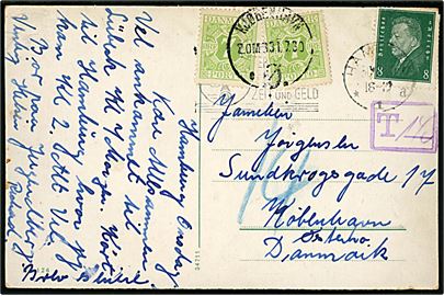 8 pfg. Ebert på underfrankeret brevkort fra Hamburg d. 30.7.1930 til København, Danmark. Udtakseret i porto med 7 øre Portomærke (2) stemplet Kjøbenhavn Ø d. 31.7.1930.