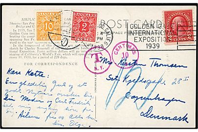 2 cents Washington på underfrankeret brevkort fra San Francisco 4.12.1938 til København, Danmark. Udtakseret i porto med 2 øre og 10 øre Portomærke stemplet København Ø d. 22.12.1938.