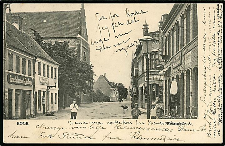 5 øre Våben på brevkort (Nørregade i Køge) annulleret med violet liniestempel pr.Ladepost og sidestemplet Kjøbenhavn B. d. 13.8.1904 til København.
