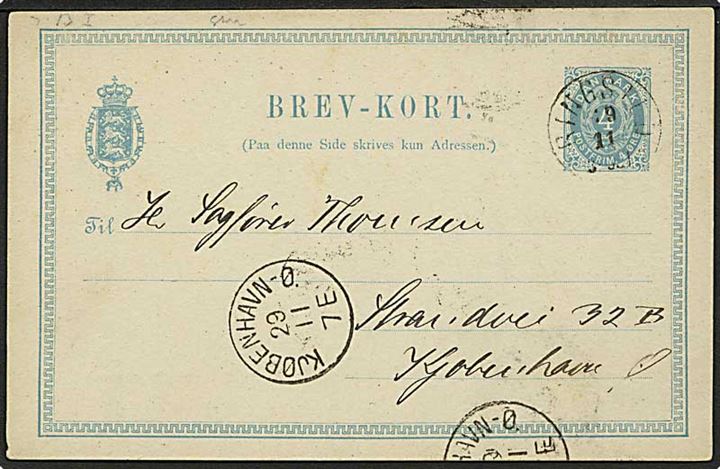 4 øre helsagsbrevkort sendt som tryksag med lapidar stempel Ringsted d. 29.11.1884 til Kjøbenhavn.