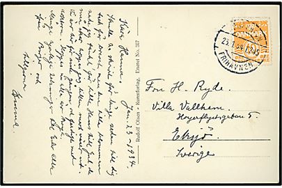 10 øre Bølgelinie på brevkort København annulleret med sjældent bureaustempel København - Frihavnen T.245 d. 23.1.1934 til Eksjö, Sverige. Solgt hos T. Højland (2008): 3000,-