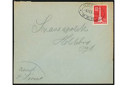 15 øre Stavnsbåndet på brev annulleret med ovalt jernbanestempel SØRVAD * R.Ø.H.J. * d. 9.2.1939 til Holstebro.