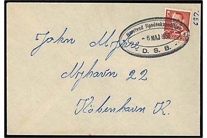 20 øre Fr. IX på brev annulleret med ovalt jernbanestempel Næstved Ilgodsekspedition * D.S.B. * d. 6.5.1950 til København.