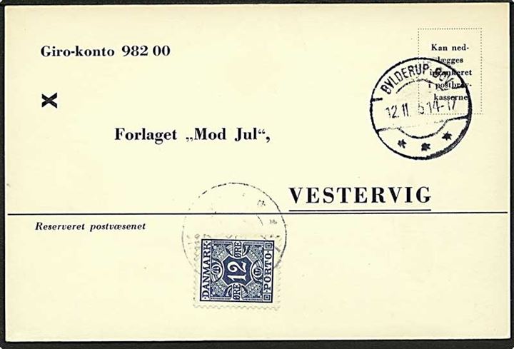 Ufrankeret svarbrevkort fra Bylderup-Bov d. 12.11.1955 til Vestervig. Udtakseret i enkeltporto med 12 øre Portomærke stemplet Vestervig.