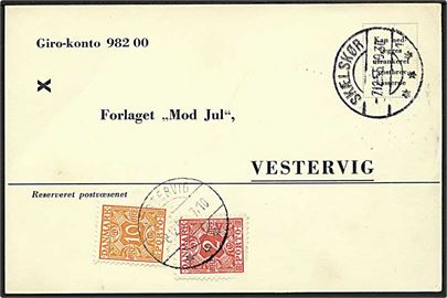 Ufrankeret svarbrevkort fra Skælskør d. 7.12.1955 til Vestervig. Udtakseret i enkeltporto med 2 øre og 10 øre Portomærke stemplet Vestervig d. 8.12.1955.