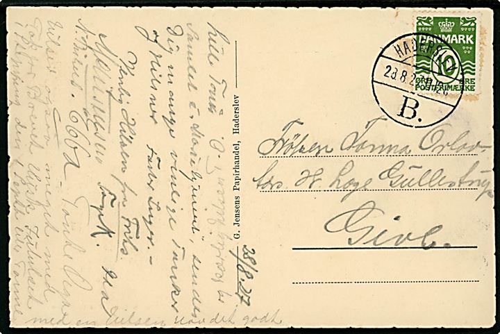 10 øre Bølgelinie på brevkort annulleret med vanskeligt brotype Vb Haderslev B. d. 28.8.1927 til Give.