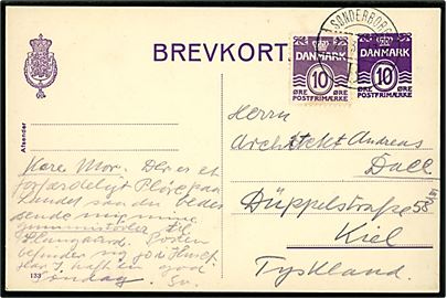 10 øre helsagsbrevkort (fabr. 133) opfrankeret med 10 øre Bølgelinie annulleret med brotype Vc Sønderborg B. d. 7.8.1939 til Kiel, Tyskland.