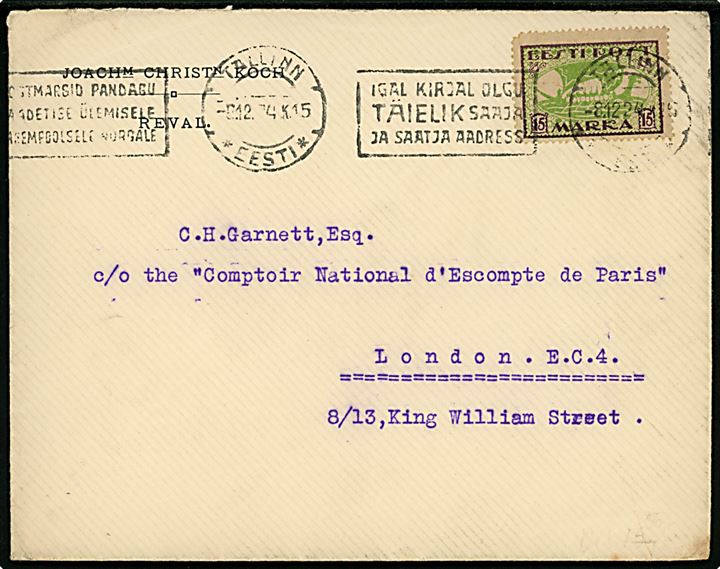 15 mk. Vikingeskib single på brev fra Tallinn d. 8.12.1924 til London, England.