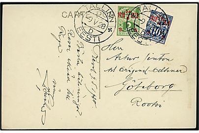 2 s./2 mk. og 10 s./10 mk. Jubilæums provisorium på brevkort fra Tallinn d. 9.5.1928 til Göteborg, Sverige.
