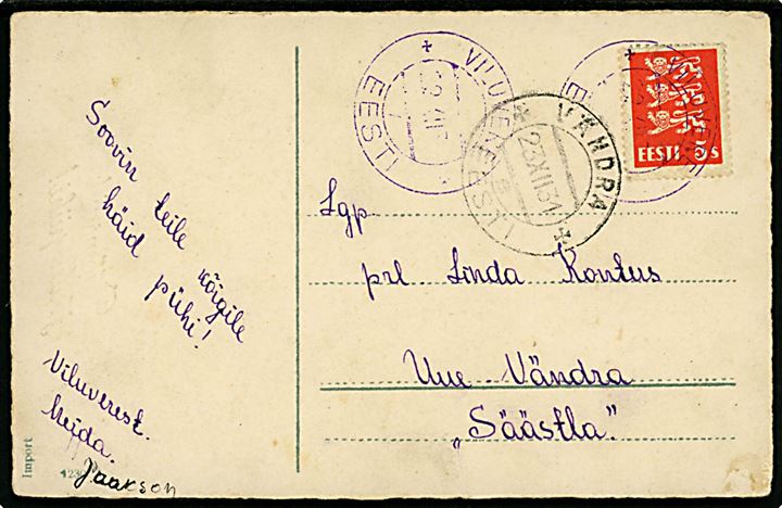 5 s. Løver på brevkort annulleret med VIOLET stempel i Viluvere d. 22.12.1931 til Vändra.