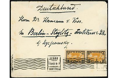 5 mk. Vikingeskib utakket i parstykke på brev fra Tallinn d. 15.11.1921 til Berlin, Tyskland.