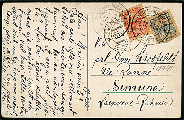 1 mk. og 2 mk. Tallinn Skyline utakket på brevkort fra Vaike-Maarja d. 18.5.1922 til Simuna.