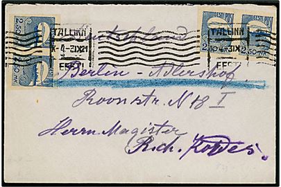 2,50 mk. Tallinn Skyline utakket i to parstykker på brev fra Tallinn d. 3.9.1921 til Berlin, Tyskland.