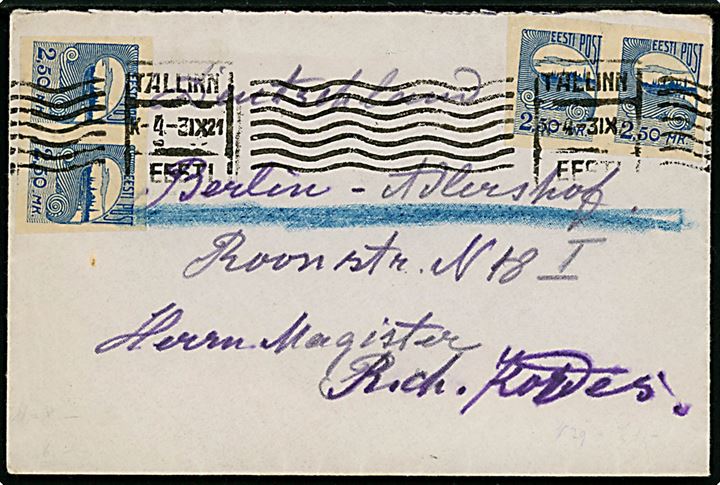 2,50 mk. Tallinn Skyline utakket i to parstykker på brev fra Tallinn d. 3.9.1921 til Berlin, Tyskland.