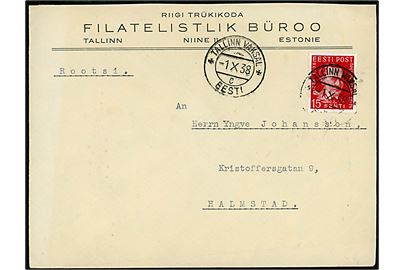 15 s. Forfatter single på brev fra Tallinn Vaksal d. 1.10.1938 til Halmsted, Sverige.