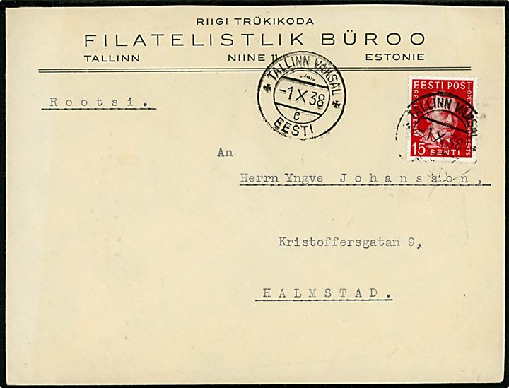 15 s. Forfatter single på brev fra Tallinn Vaksal d. 1.10.1938 til Halmsted, Sverige.
