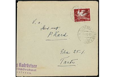 15 s. Brevdue på brev fra Mustvees annulleret med bureaustempel P.V.Mustvees - Sonda d. 30.11.1940 til Tartu. Fuldt indhold. Kuvert afkortet i venstre side.