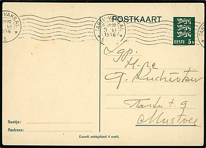 5 s. Løver helsagsbrevkort sendt lokalt i Tartu d. 3.6.1936.