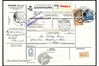 40 øre Karavel og 1 kr. Chr. X i parstykke på internationalt adressekort for pakke fra København d. 8.2.1943 via Oslo til Skien, Norge. 