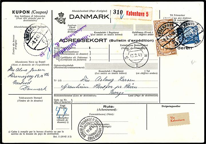 40 øre Karavel og 1 kr. Chr. X i parstykke på internationalt adressekort for pakke fra København d. 8.2.1943 via Oslo til Skien, Norge. 
