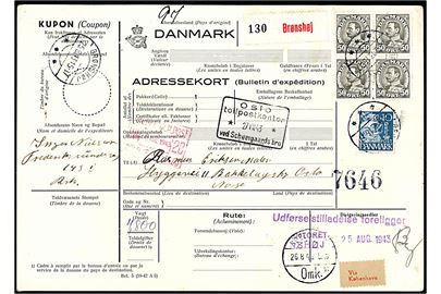 40 øre Karavel og 50 øre Chr. X i fireblok på internationalt adressekort for pakke fra Brønshøj d. 25.8.1943 via København til Oslo, Norge. 