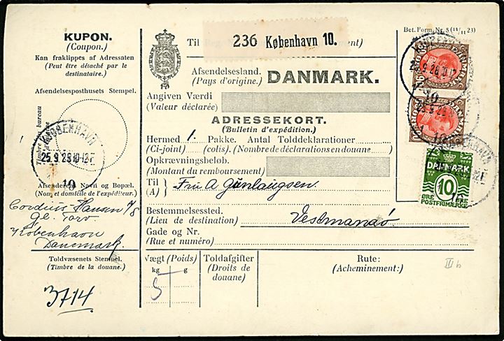 10 øre Bølgelinie og 90 øre Chr. X i parstykke på 190 øre frankeret internationalt adressekort for pakke fra Kjøbenhavn 10 d. 25.9.1928 til Vestmannaøerne, Island. Ingen transit eller ank.stempler. 