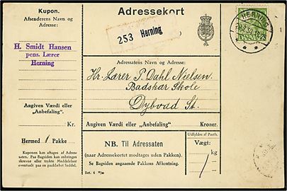 40 øre Karavel single på adressekort for pakke fra Herning d. 28.7.1934 til Dybvad. På bagsiden ank.stemplet med brotype Ic Dybvad d. 29.7.1934.