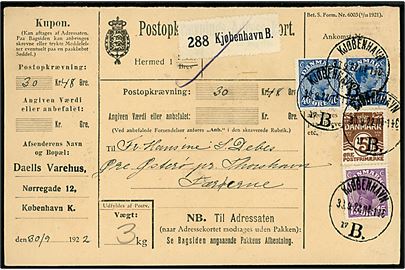 5 øre Bølgelinie, 70 øre og 40 øre (par) Chr. X på 100 øre frankeret Postopkrævnings-Adressekort for pakke fra Kjøbenhavn d. 30.9.1922 til Øre på Østerø pr. Thorshavn, Færøerne.