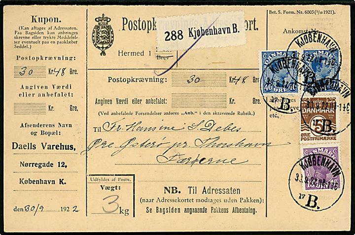 5 øre Bølgelinie, 70 øre og 40 øre (par) Chr. X på 100 øre frankeret Postopkrævnings-Adressekort for pakke fra Kjøbenhavn d. 30.9.1922 til Øre på Østerø pr. Thorshavn, Færøerne.