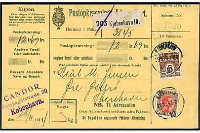 5 øre Bølgelinie og 90 øre Chr. X på Postopkrævnings-Adressekort for pakke fra Kjøbenhavn 10 d. 29.11.1924 til Øre på Østerø via Thorshavn, Færøerne.