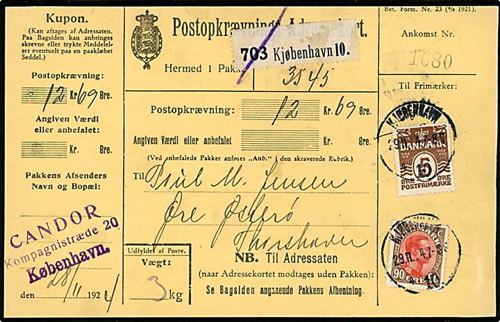 5 øre Bølgelinie og 90 øre Chr. X på Postopkrævnings-Adressekort for pakke fra Kjøbenhavn 10 d. 29.11.1924 til Øre på Østerø via Thorshavn, Færøerne.