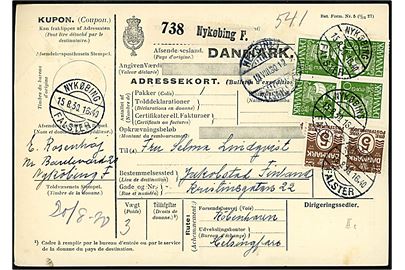 5 øre Bølgelinie (2) og 40 øre Karavel (4) på 170 øre frankeret internationalt adressekort for pakke fra Nykøbing Falster d. 15-8-1930 via Helsingfors til Jakobstad, Finland.