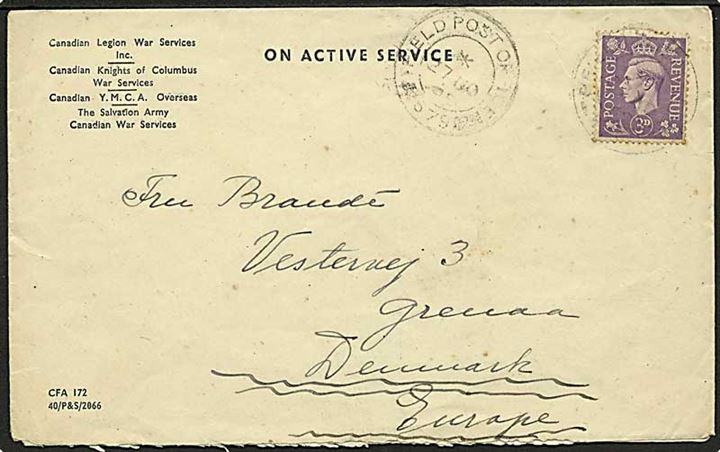 Britisk 3d George VI på Canadian Legion War Service OAS kuvert stemplet Field Post Office 679 d. 27.11.1945 (= 11 Canadian Repat. Depot, Basingstoke, England) til Grenaa, Danmark.