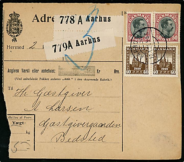 40 øre Genforening (par) og 50 øre Chr. X (par) på 180 øre frankeret adressekort for to pakker fra Aarhus d. 12.1.1921 til Bedsted. Et mærke med skramme.
