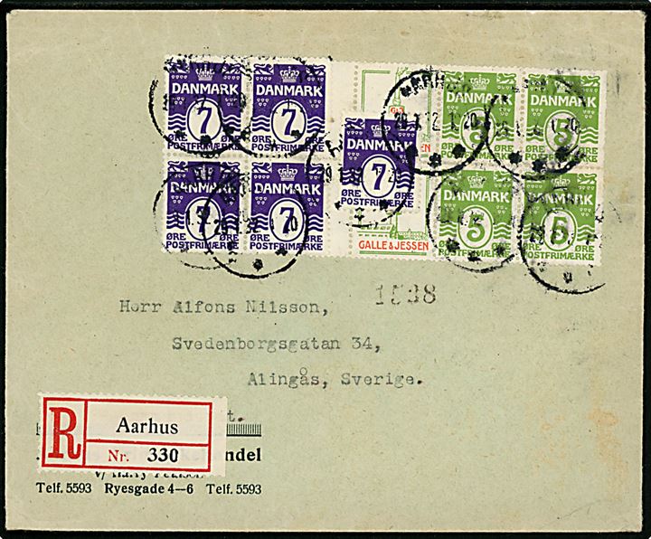5 øre Bølgelinie og Galle & Jessen Reklamesammentryk i 6-blok, samt 7 øre Bølgelinie (5) på anbefalet brev fra Aarhus d. 29.1.1932 til Alingås, Sverige.