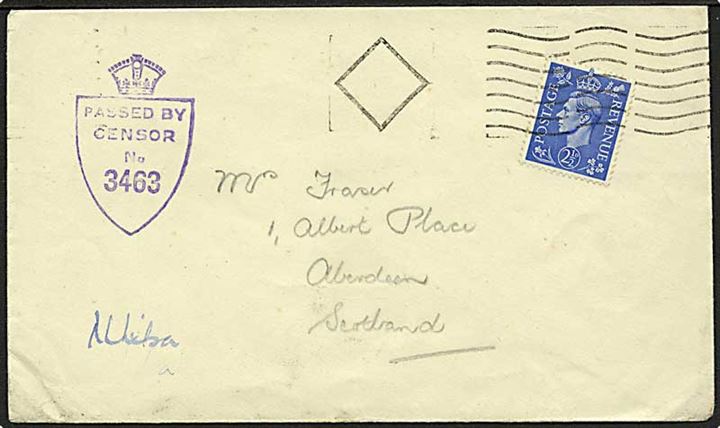 2½d George VI på brev annulleret med stumt sikkerhedsstempel til Aberdeen, Scotland. Unit censor no. 3463.
