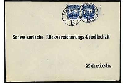 40 øre Genforening i parstykke på brev fra København d. 9.5.1922 til Zürich, Schweiz. Afkortet i toppen og bagklap mgl.