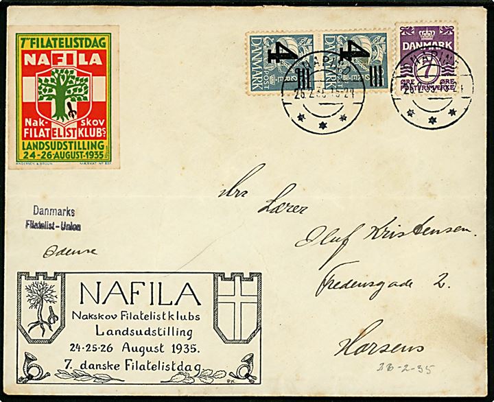 4/25 øre provisorium (2) og 7 øre Bølgelinie på NAFILA kuvert stemplet Snapind d. 26.2.1935 til Horsens. Nusset.
