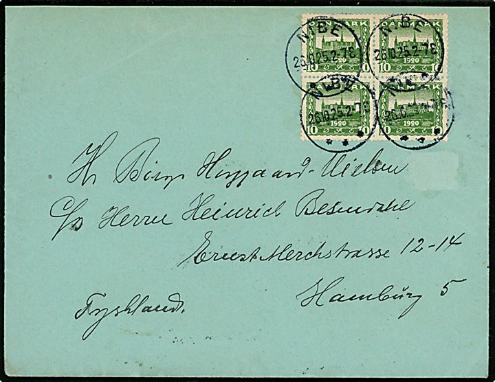 10 øre Genforening i fireblok på brev fra Nibe d. 26.10.1925 til Hamburg, Tyskland.