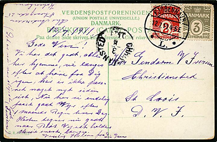 2 øre og 3 øre Bølgelinie på brevkort fra Kjøbenhavn L. d. 12.7.1911 til gendarm i Christiansted, St. Croix, Dansk Vestindien. Ank.stemplet i Christiansted d. 3.8.1911.