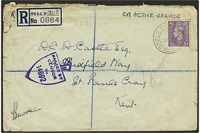 3d George VI på anbefalet feltpostbrev stemplet Field Post Office 308 d. 26.8.1944 (= B.L.A.) til England. Unit censor no. 14692.