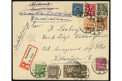 Fælles udg. 2½ pfg. - 35 pfg., samt 1 mk. på anbefalet brev stemplet Sonderburg **C d. 30.1.1920 til København.