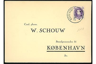 7 øre Chr. X 60 år på tryksags-kort annulleret med brotype IIIc Nørre-Aaby d. 27.1.1931 til København.