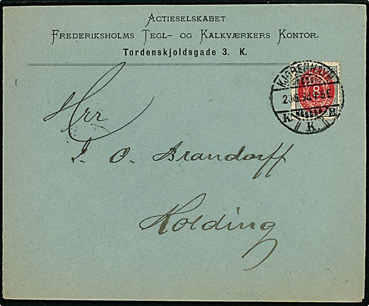 8 øre Tofarvet på brev fra Kjøbenhavn d. 20.6.1898 til Kolding.